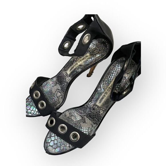 Manolo Blahnik Heels Metallic Color Snakeskin Look Insoles Ankle Elastic - Picture 8 of 10
